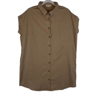 Natura Preserve Tan Brown Cotton Linen Button Down Tunic Shirt Dress Womens XS